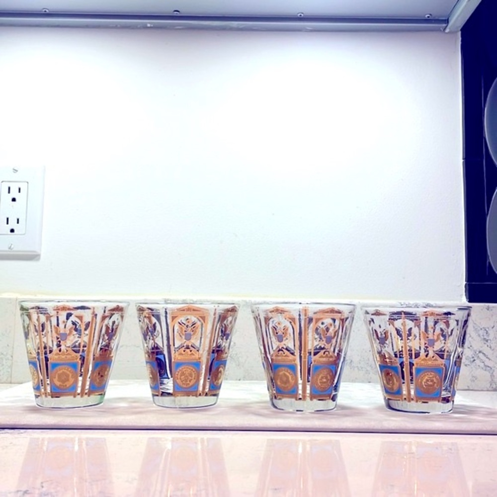 Vintage Bareware Set of 4 Old Fashioned Glasses Patriotic American Designs EUC